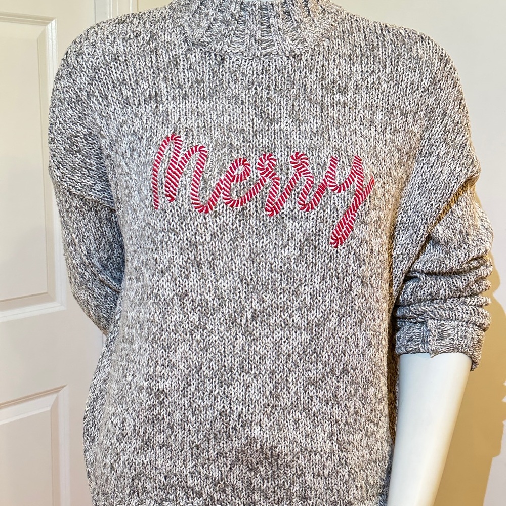 LOFT Gray Turtleneck Sweater with Red 'Merry' Design